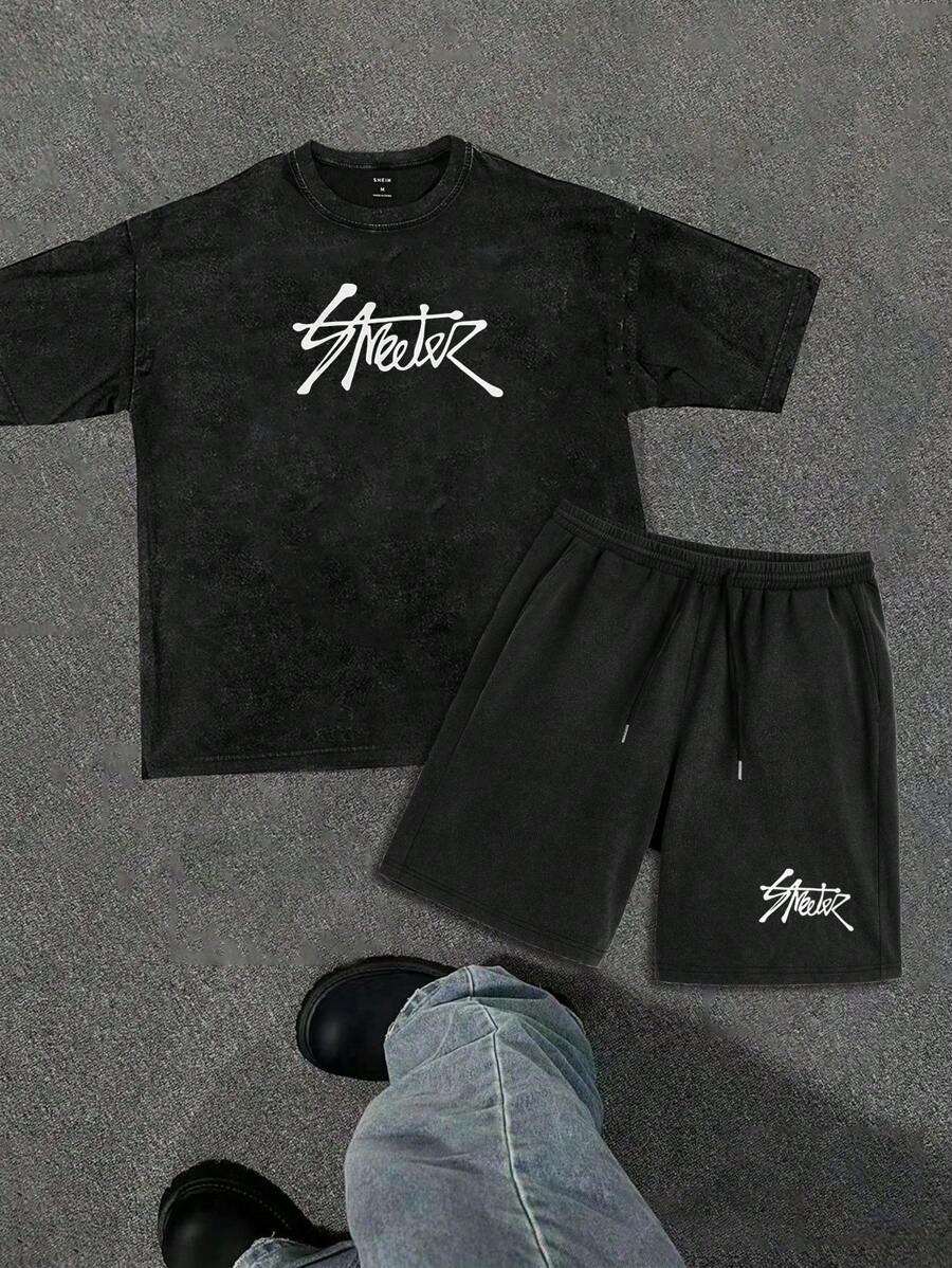 Manfinity VCAY Men's Casual Letter Print T-Shirt And Shorts Set, Summer