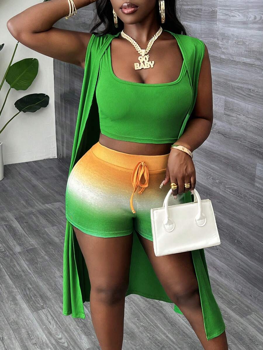Slaydiva 3 piezas Set básico informal de ropa de playa para vacaciones para mujeres: camiseta sin mangas degradada, shorts con cordón, chaqueta sin mangas