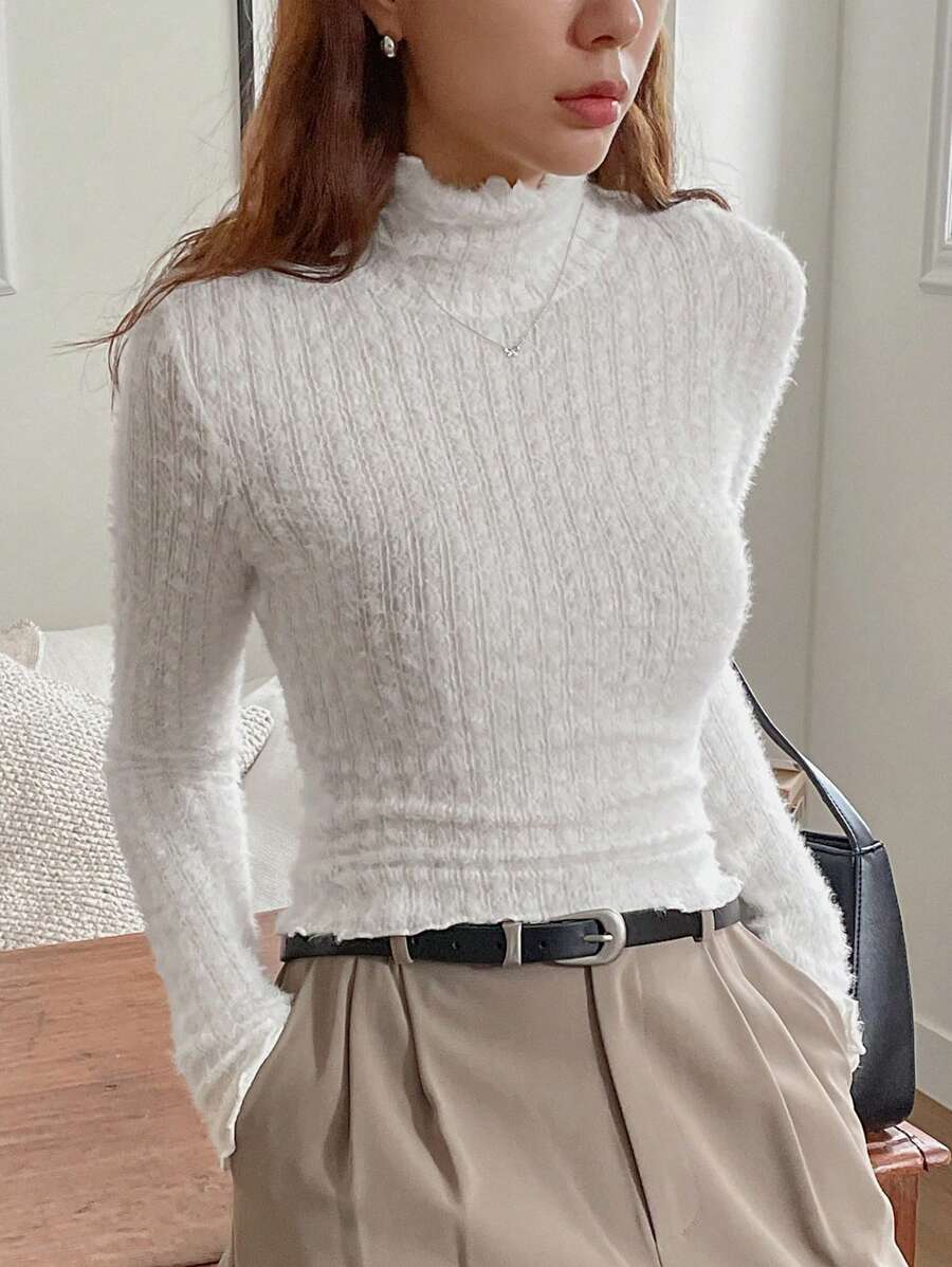 DAZY Women's Elegant High Neck Long Sleeve Fitted T-Shirt, Simple Tee