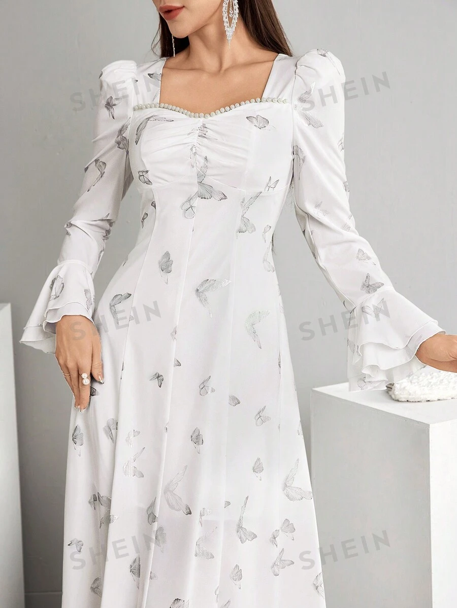 Modelyn Vestido elegante de manga de campana con escote de corazón, decoración de perlas falsas y estampado de mariposas, vestidos de noche largos de primavera y verano