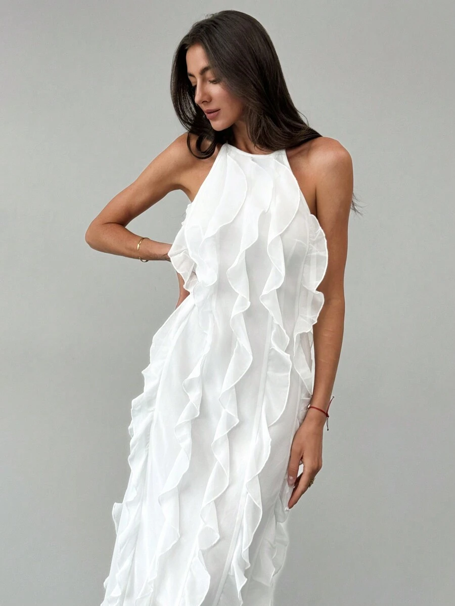 Aloruh Vestido largo elegante con espalda descubierta, volantes escalonados y ribete para vacaciones, sin mangas, estilizador, alto