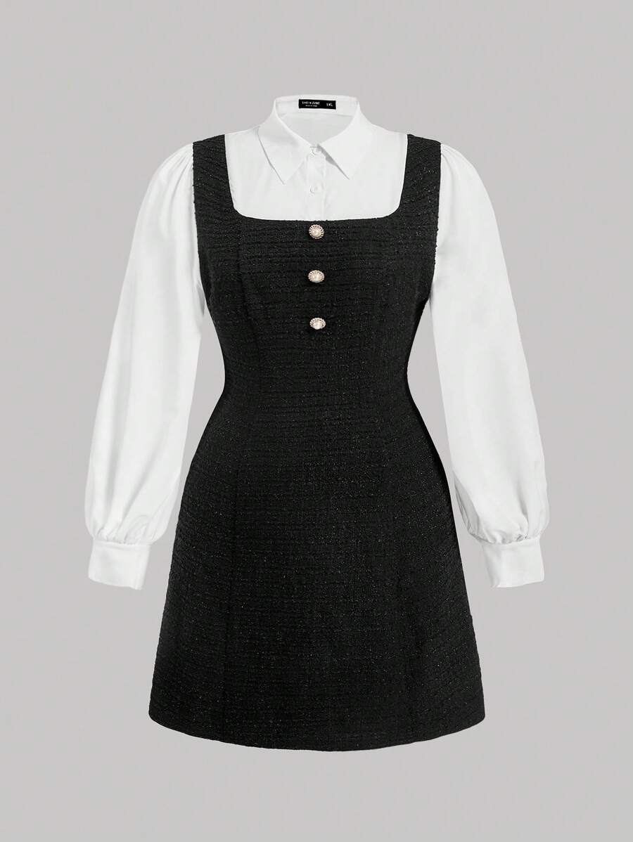 SHEIN MOD Plus Size Women's Elegant Colorblock Collared Long Sleeve Short Dress For Spring And Fall