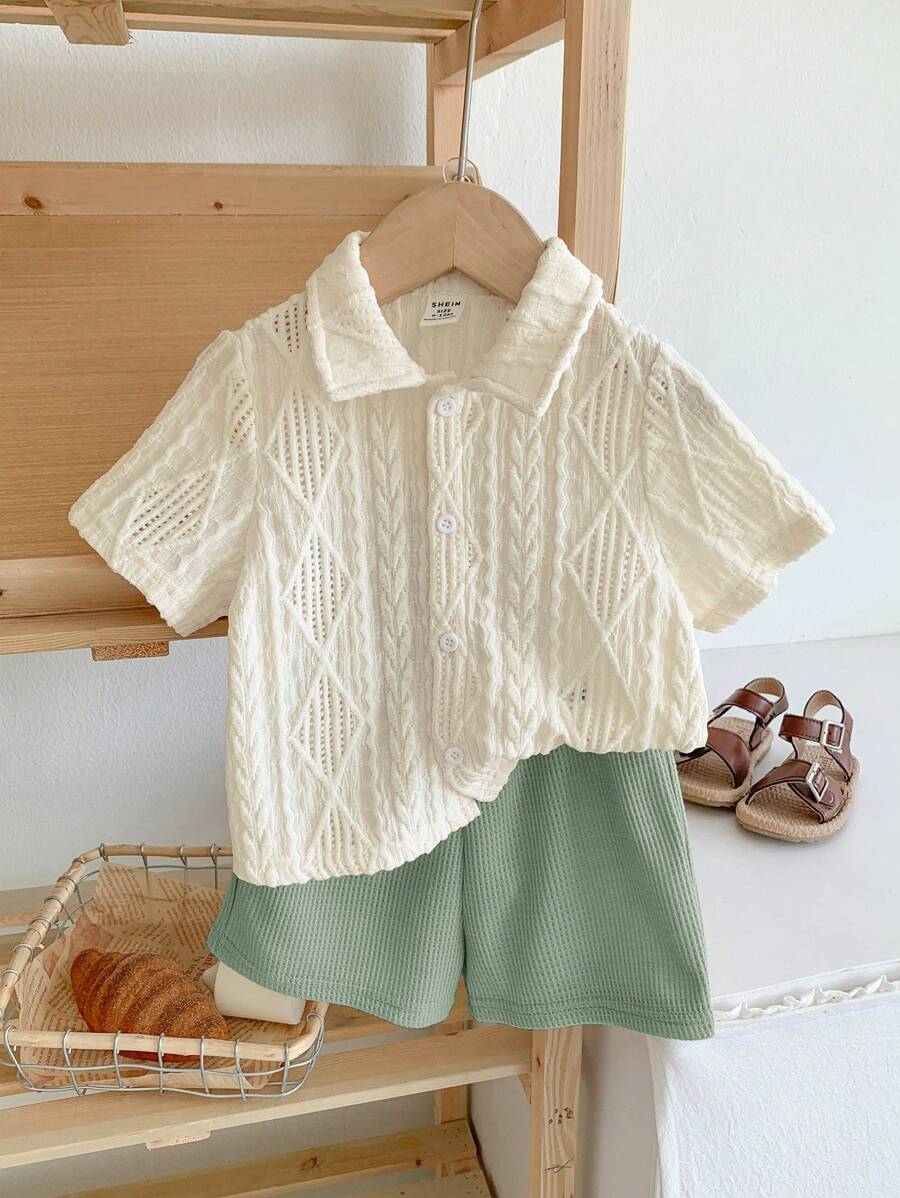 SHEIN LMoss Kids LMoss 2pcs Baby Boys/Girls Summer Cute Solid Color Jacquard Knit Polo Shirt And Elastic Waist Solid Color Shorts Set