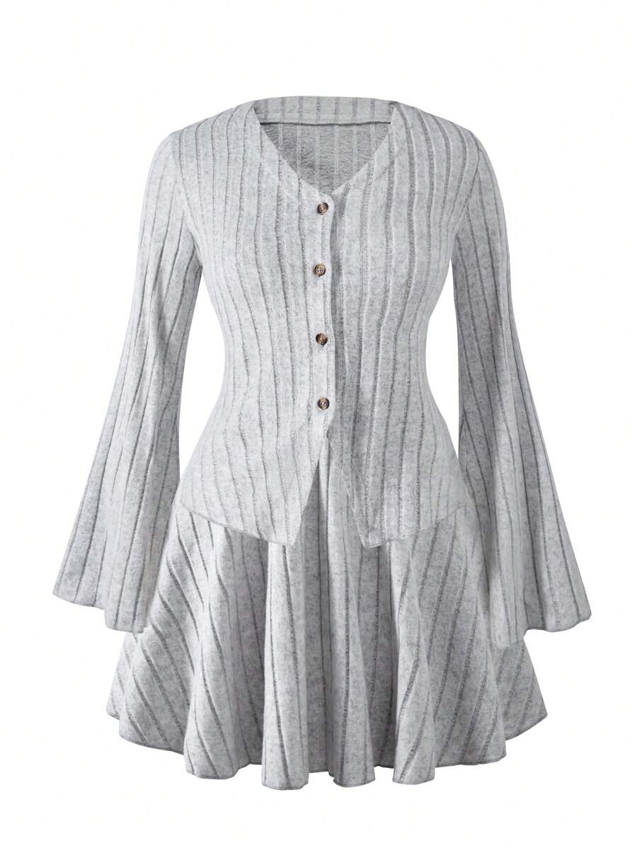 Set da 2 pezzi composto da cardigan oversize con scollo a V scanalato e gonna, in stile casual e alla moda per ragazze adolescenti, con fodera termica