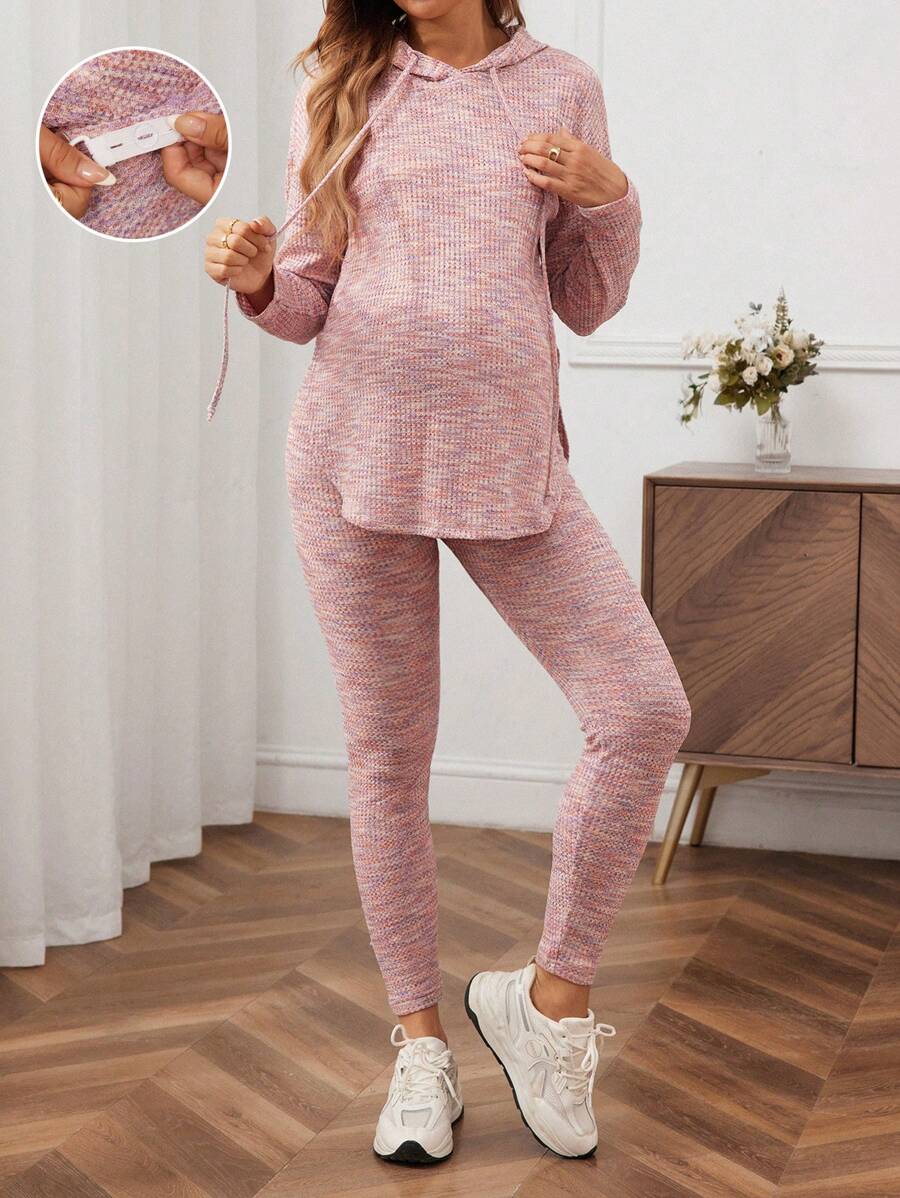 SHEIN Conjunto de 2 piezas de ropa de maternidad casual: sudadera con capucha de manga larga con cordón y pantalones ceñidos de talle ajustable, conjunto de embarazo holgado