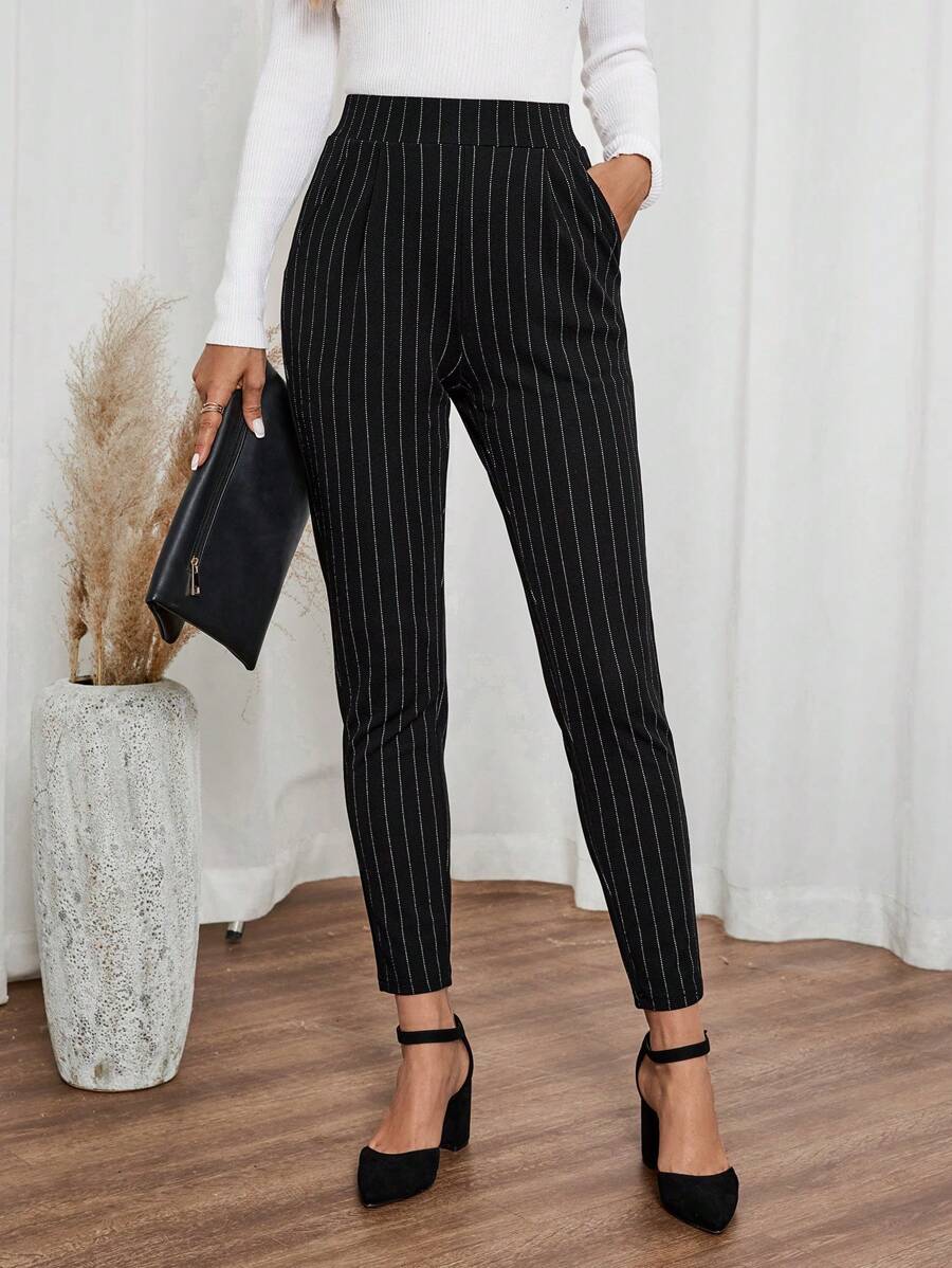EMERY ROSE Women's Black Striped Pocket Skinny Casual Pants Dress Pants Fall Pants