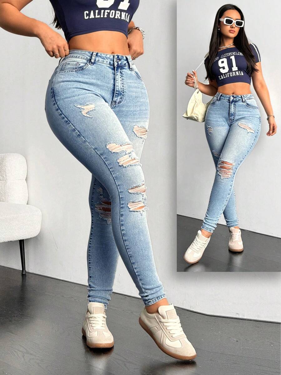 SHEIN EZwear Women's Casual Distressed Slim-Fit Denim Jeans