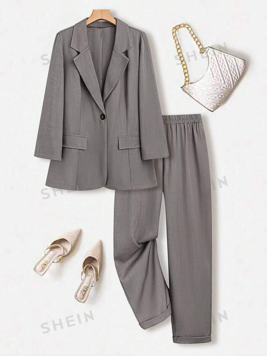 Calvaya Traje informal de chaqueta y pantalones de unicolor para primavera y otoño de talla grande