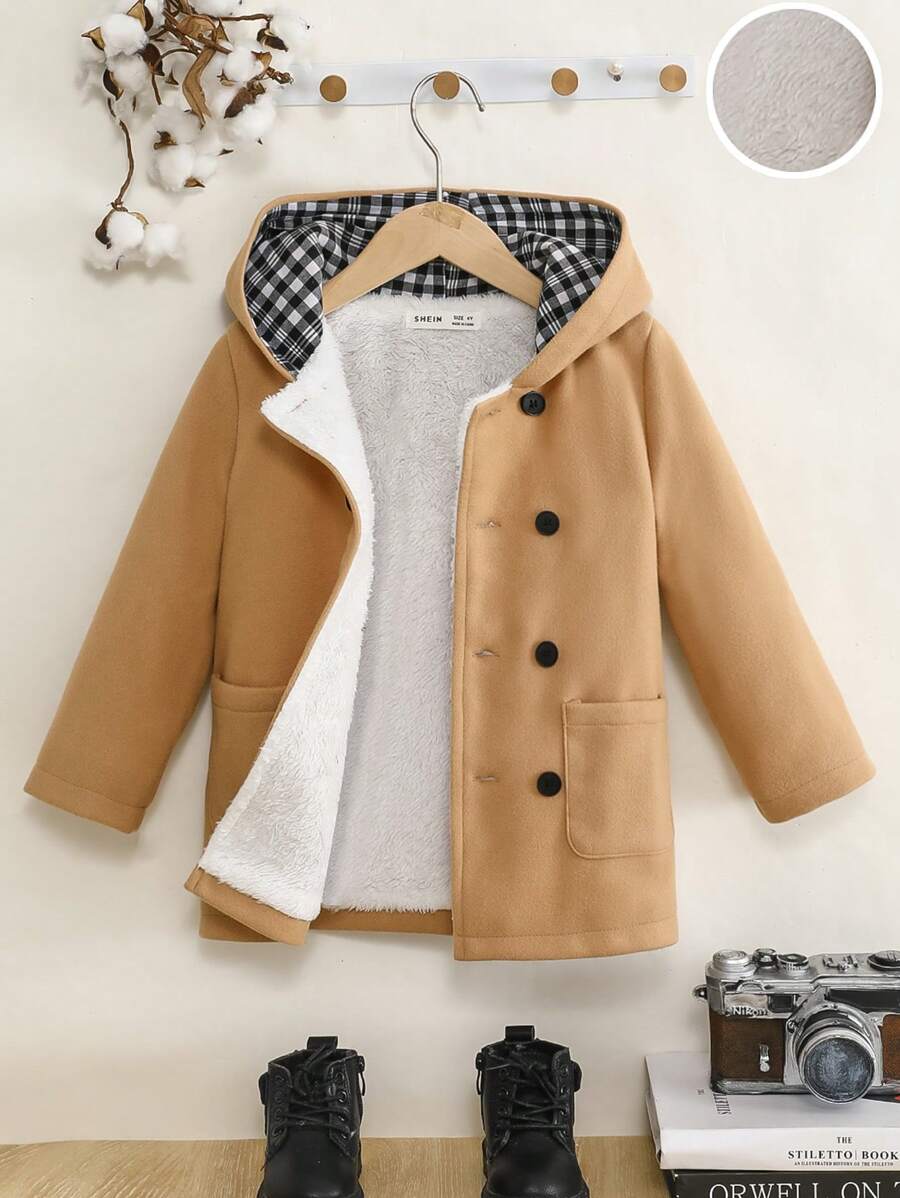 SHEIN Young Boy Loose-Fit Hooded Thermal Lined Double-Breasted Jacket
