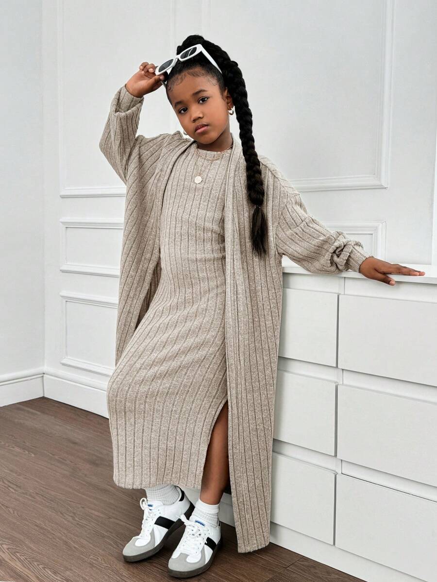 SHEIN Tween Girl Ribbed Knit Long Cardigan Paired With Long Split Dress Apricot Set
