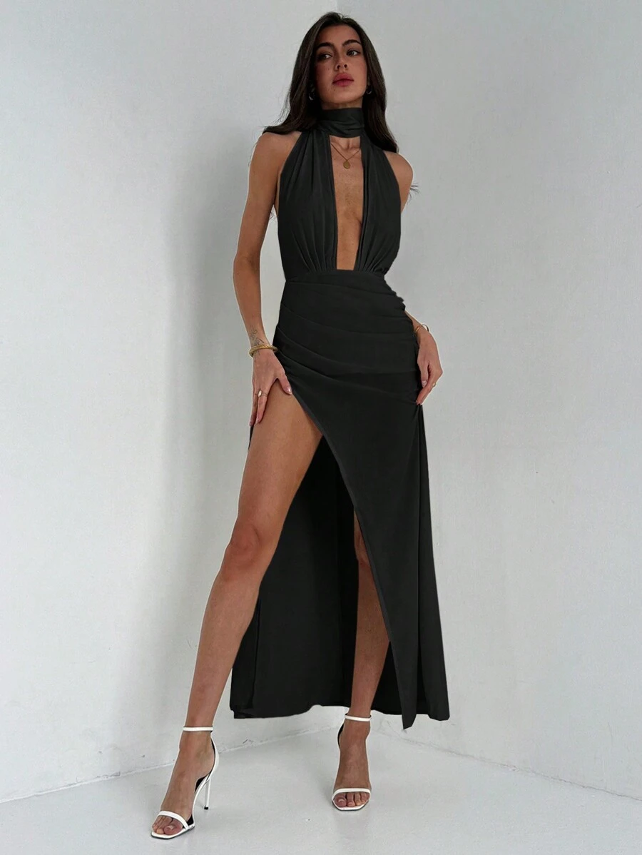 Aloruh Abrikoos Plunge Neck Tie Waist Slit Zoom Jurk, Romantische Dating, Zwarte Jurk
