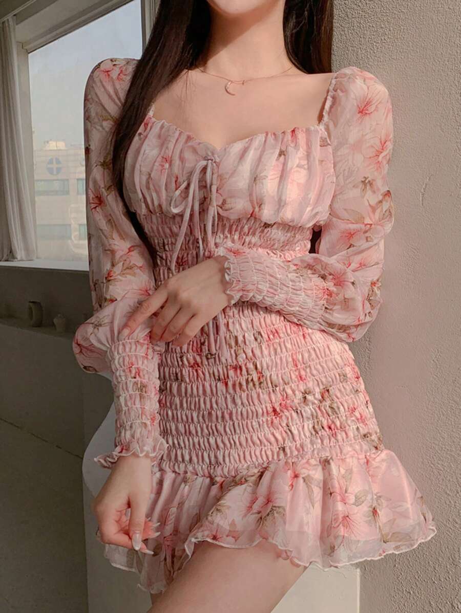 DAZY Women Sweetheart Collar Tie Front Long Sleeve Ruffle Floral Allover Print Short Dress,Milkmaid Dress Sundress,Mini Dress
