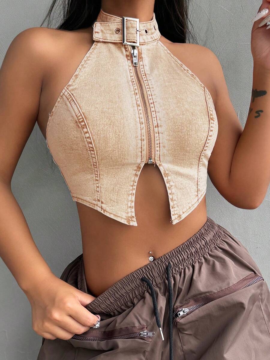 SHEIN Tall Tops de mezclilla para hombres, tops halter elásticos, tops ajustado de caqui, tops para mujeres en otoño, tops lindos, atuendos de festival rave en otoño, camisas de otoño para mujeres, tops de otoño