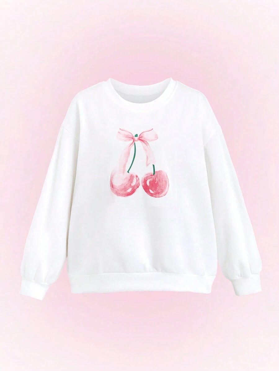 Flirla Women's Cherry Blossom Bow Print Crew Neck Long Sleeve Sweatshirt