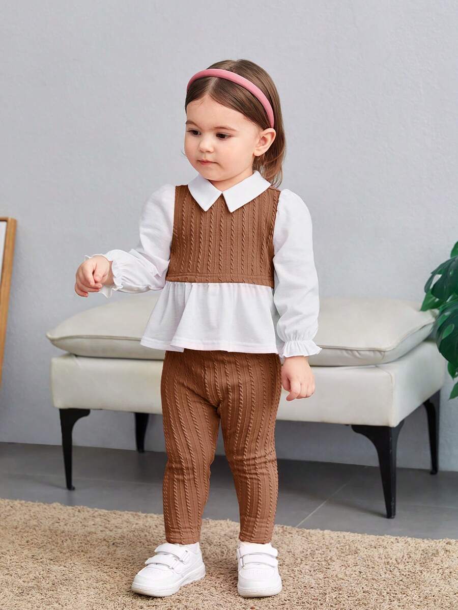 SHEIN 2pcs Baby Girls Casual Cute Knitted 2 In 1 Spliced Collar Long Sleeve Top & Elastic Waist Pants Set