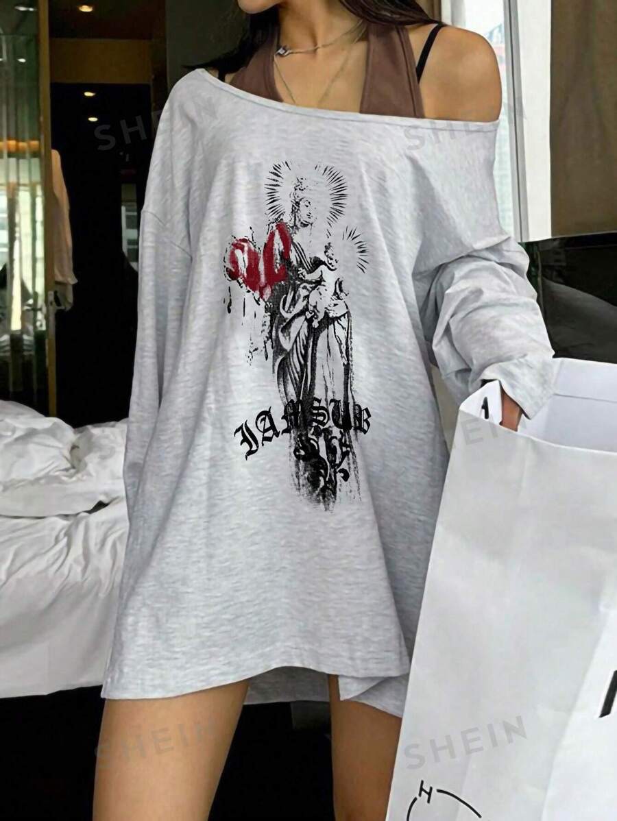 SHEIN ICON Camiseta de manga larga holgada con hombros abiertos y estampado floral para mujer