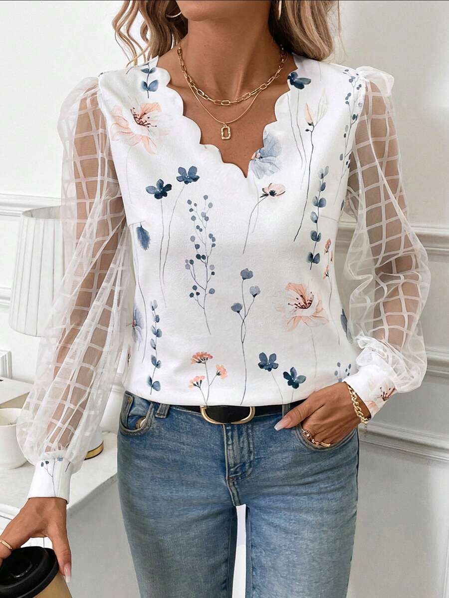 SHEIN Clasi Women's Floral Print Fitted Shell Trim Paneled Mesh Long Sleeve Blouse
