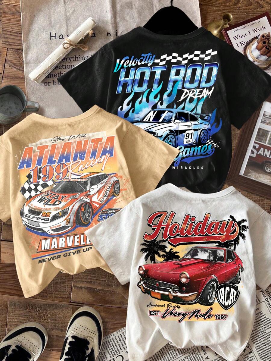 SHEIN 3pcs Vintage Racing Car Print Tween Boys Casual Simple Car Pattern Crew Neck Short Sleeve T-Shirts, Summer