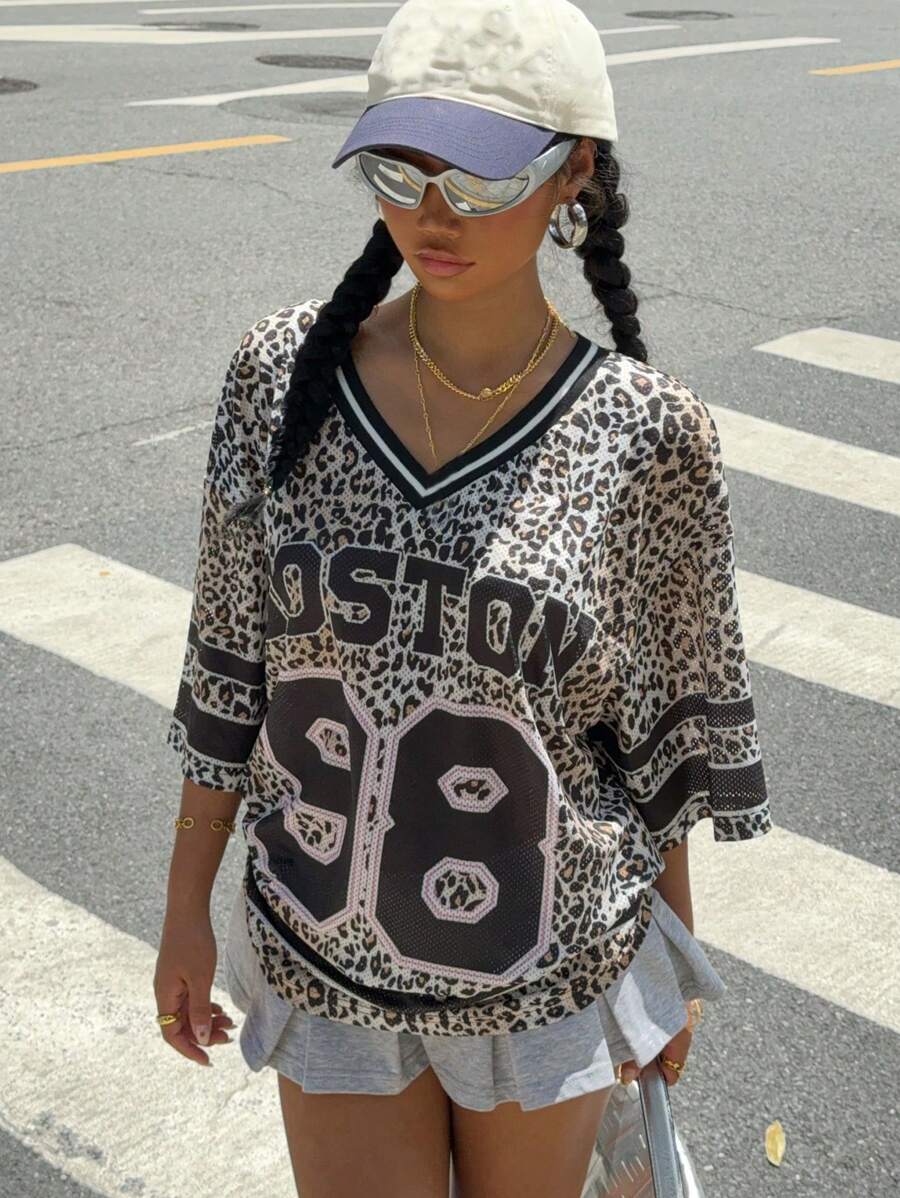 SHEIN EZwear Women's New V-Neck Leopard Print & Letter Oversized Casual T-Shirt