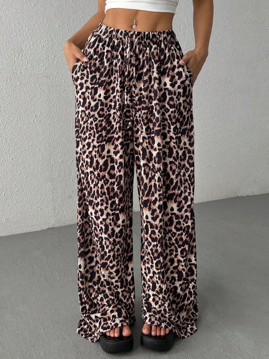 SHEIN EZwear Women Leopard Print Woven Wide Leg Pants