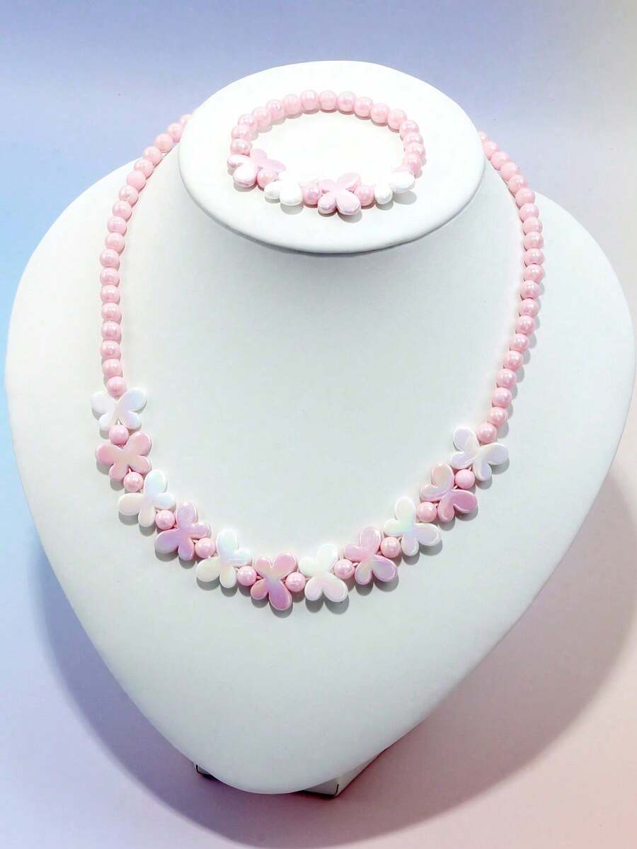 2pcs Girls' Lovely Butterfly Charm Beaded Bracelet & Necklace Set, Suitable For Festival Party Birthday Gift