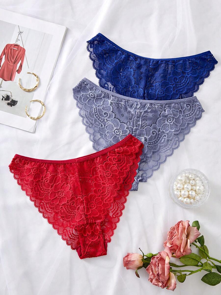 Set de 3 piezas/Paquete de bragas y lencería femenina con diseño minimalista y romántico de encaje