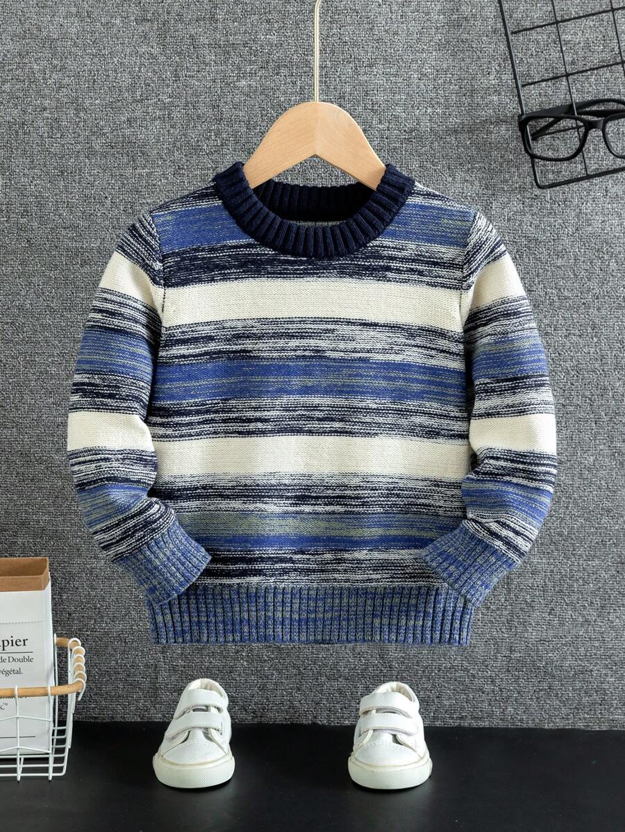 Suéter de niño, con patrones a rayas de colores en bloque, tejido, disponible en azul marino, azul oscuro, negro y blanco, adecuado para uso casual, fiestas y diversas ocasiones.