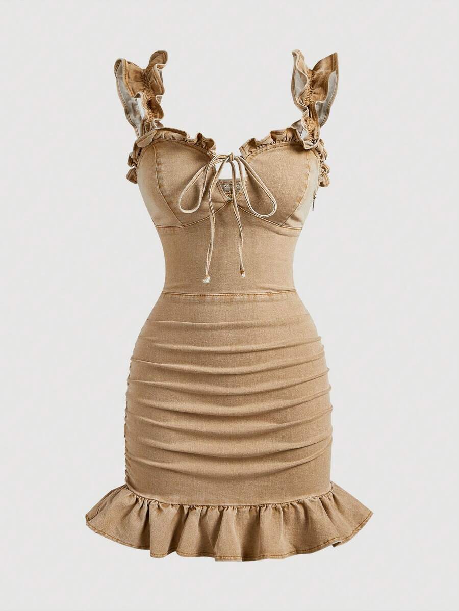 SHEIN MOD Robe en jean moulante femme d'été à volants mode, nœud papillon élastique romantique