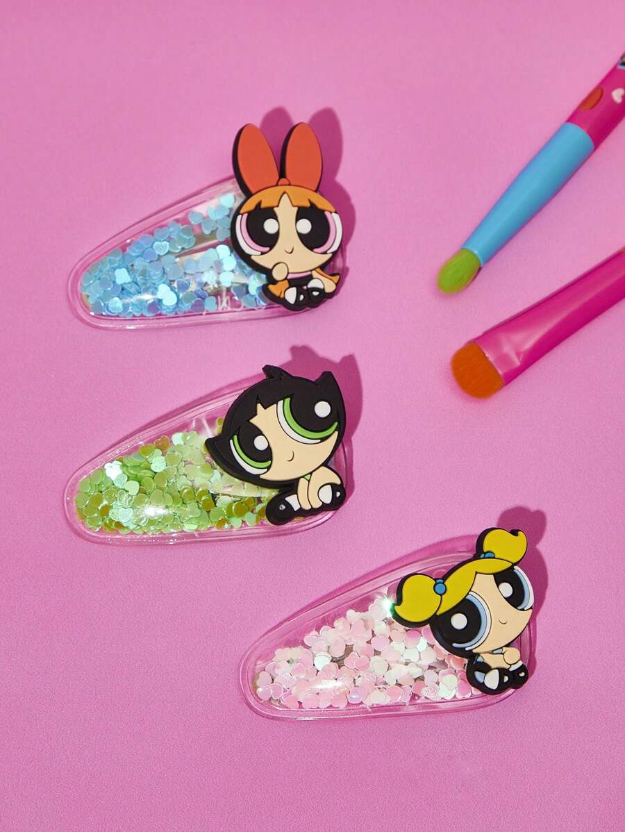 THE POWERPUFF GIRLS X SHEIN 3 sztuki/zestaw Blossom, Bubbles, Buttercup Pattern Brokatowe spinki do włosów Spinki do włosów Spinki do włosów Spinki do włosów
