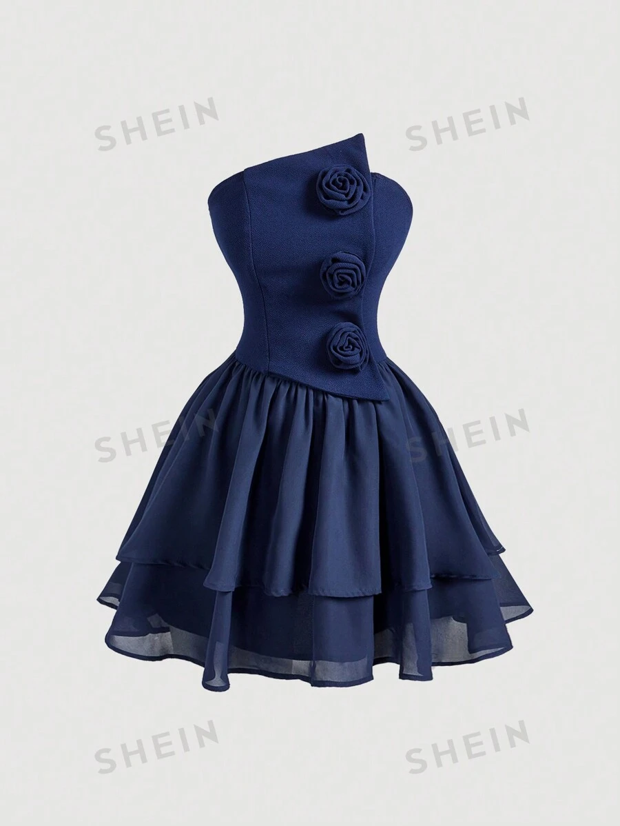 SHEIN MOD Vestido mini tubo vintage romántico con cuello asimétrico y rosa 3D