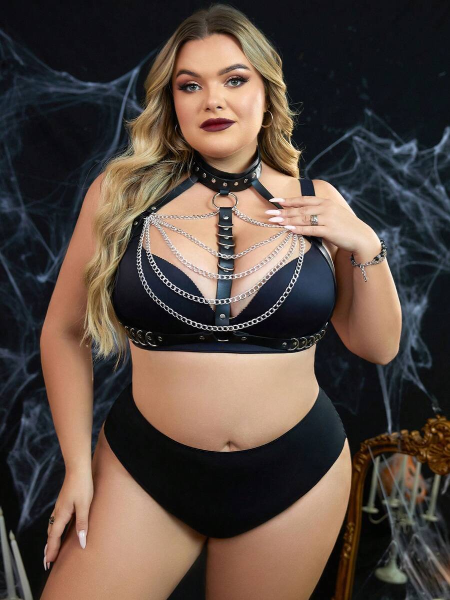 Plus Size Bold & Avant-Garde Chain Decor Leather Lingerie