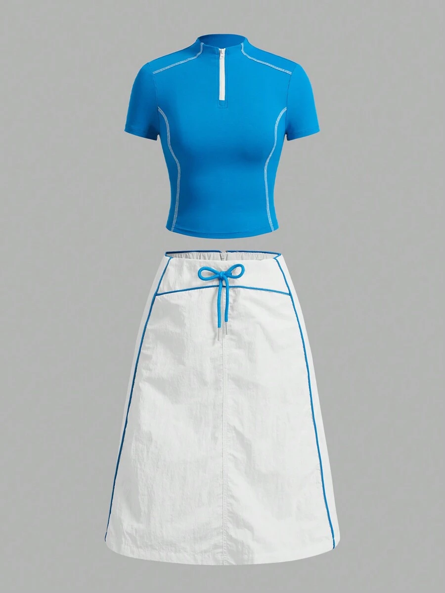 Forever 21 Rits in contrasterende kleur naaien Opstaande kraag Slim Fit T-shirt met korte mouwen en rok in contrasterende kleur