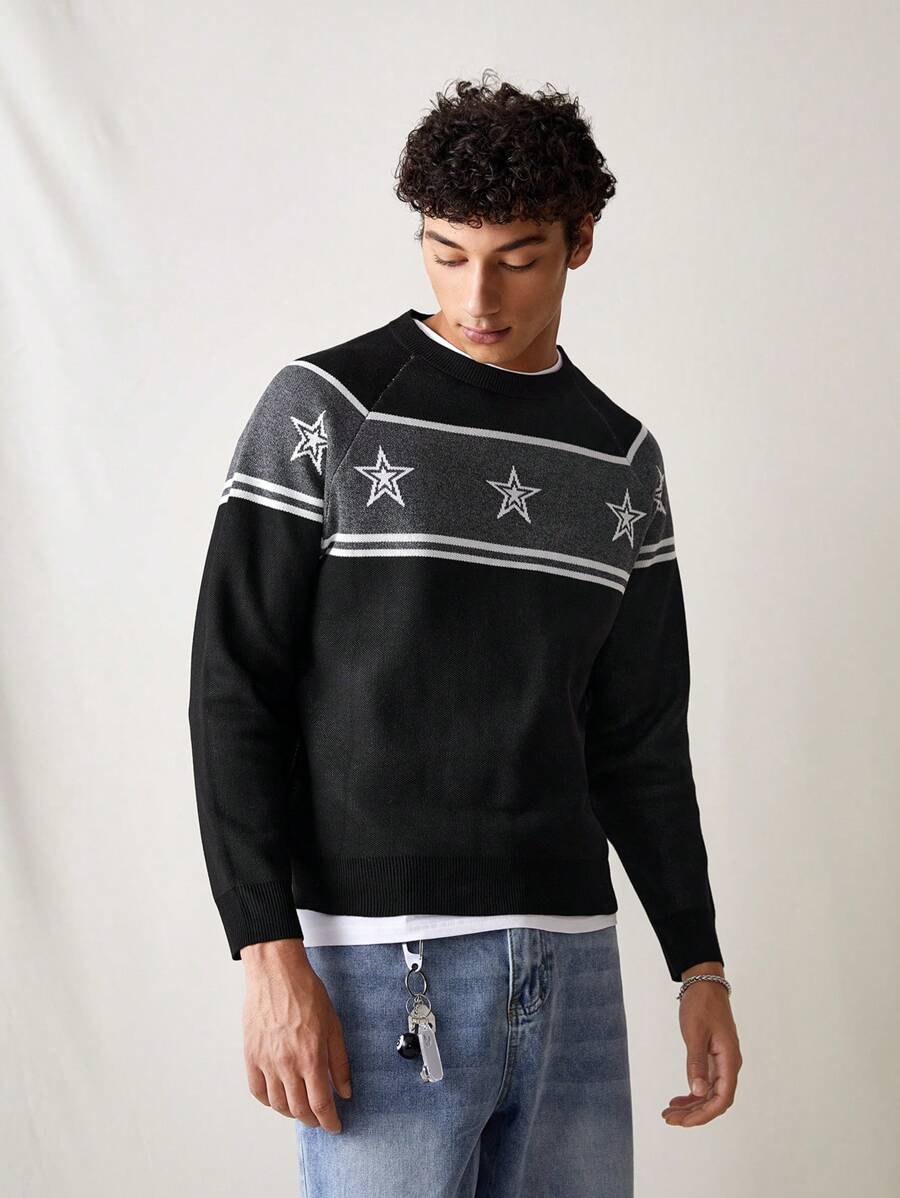 Manfinity VCAY Suéter de manga larga de ajuste holgado, de punto con estampado de moda casual para hombres