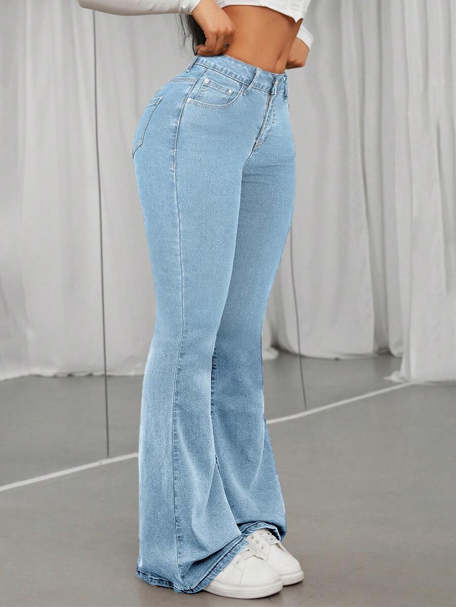 SHEIN ICON Women's Fashionable Solid Blue Denim Flared Pants
