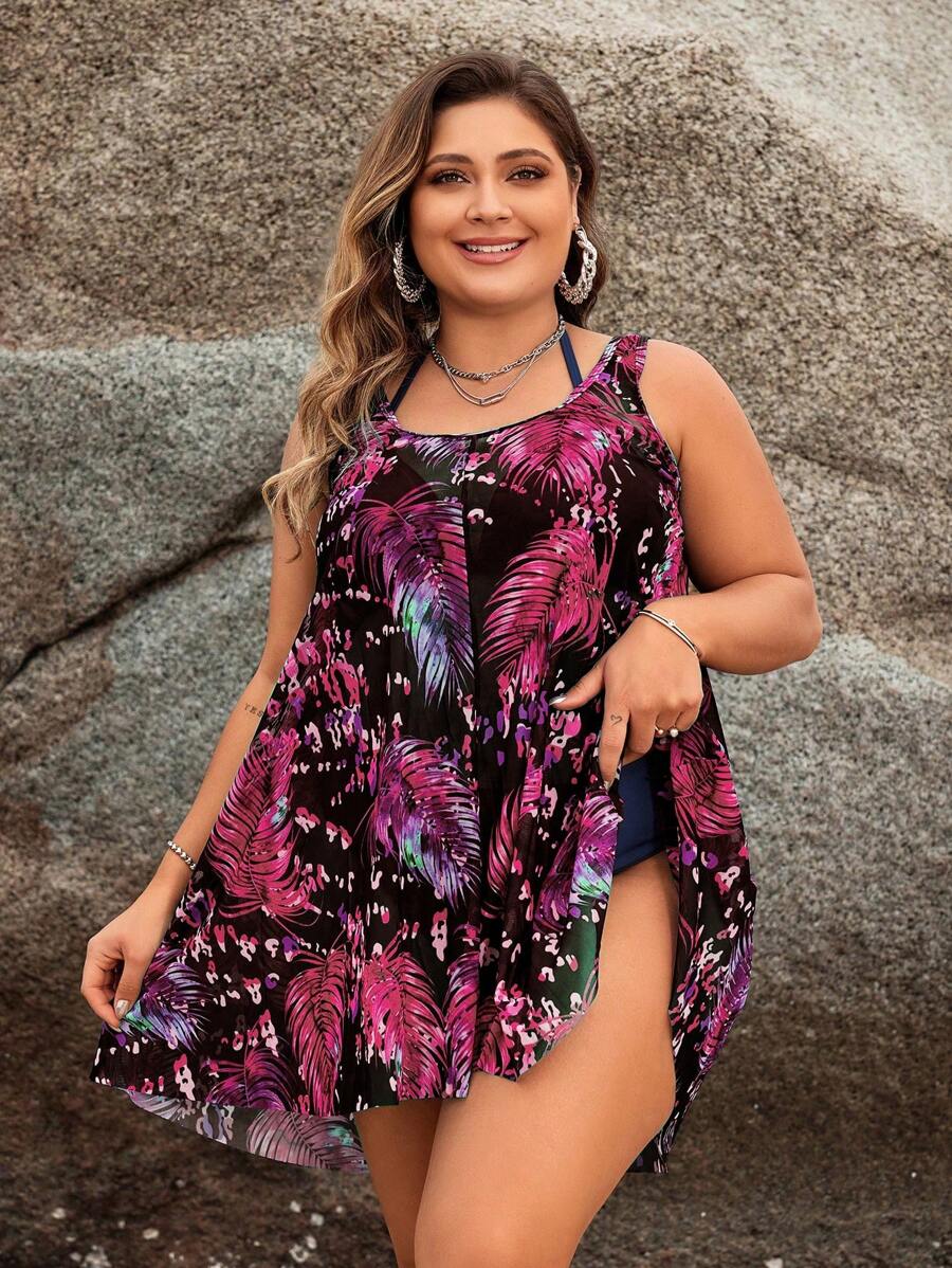 Swim Lushoire Plus Size Sleeveless Floral Print Cover Up Cover Up, Casual Beachwear Summer