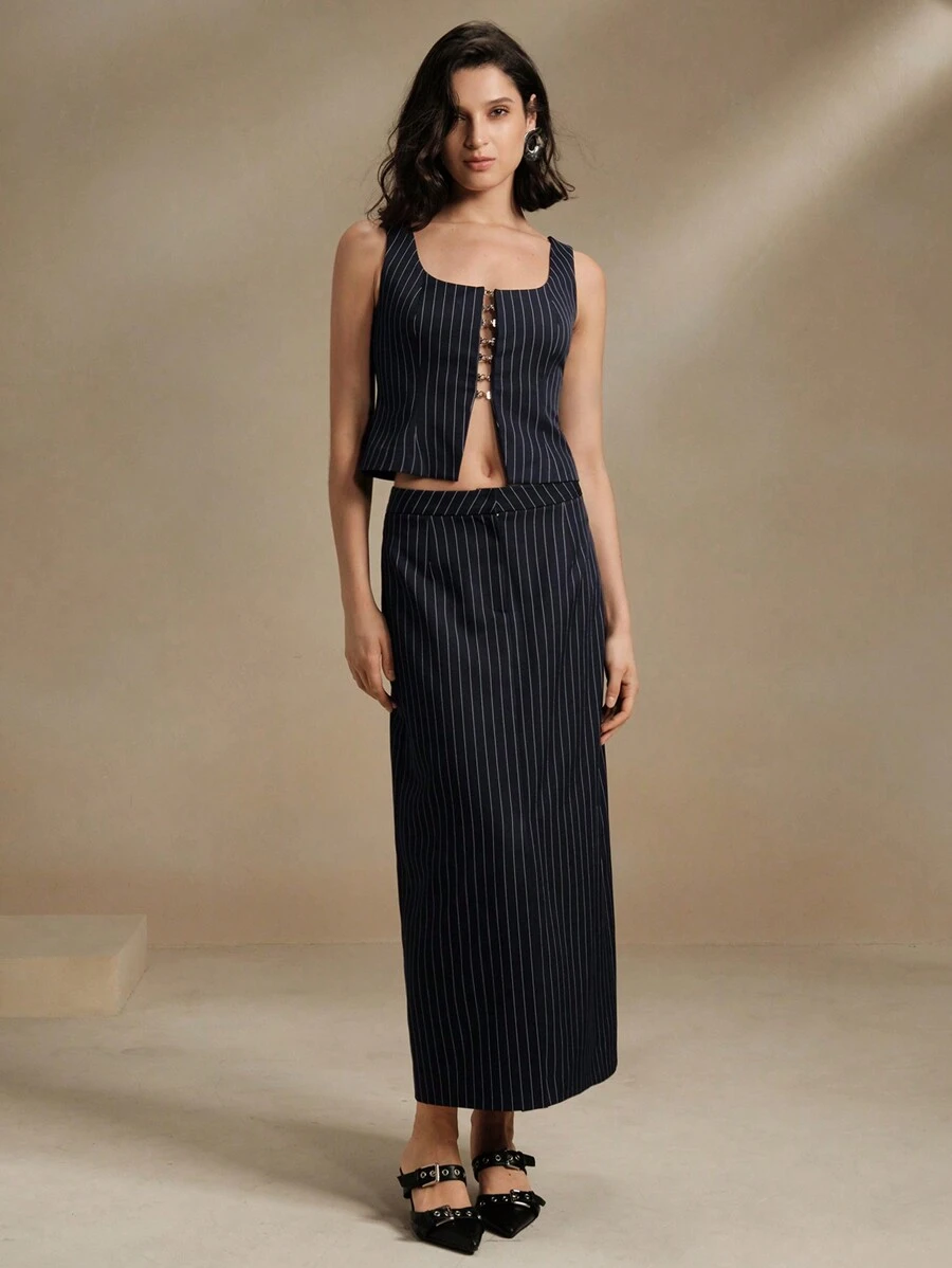 Anewsta 2pcs Set Of 2024 Spring Summer New Style Spaghetti Strap Cardigan, Stripe Pattern Vest And Skirt
