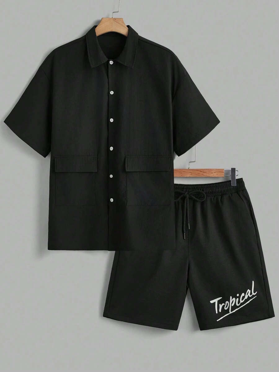 Manfinity Hypemode Conjunto de camisa de cargo de unicolor casual de verano y pantalones cortos con estampado de letras para hombre