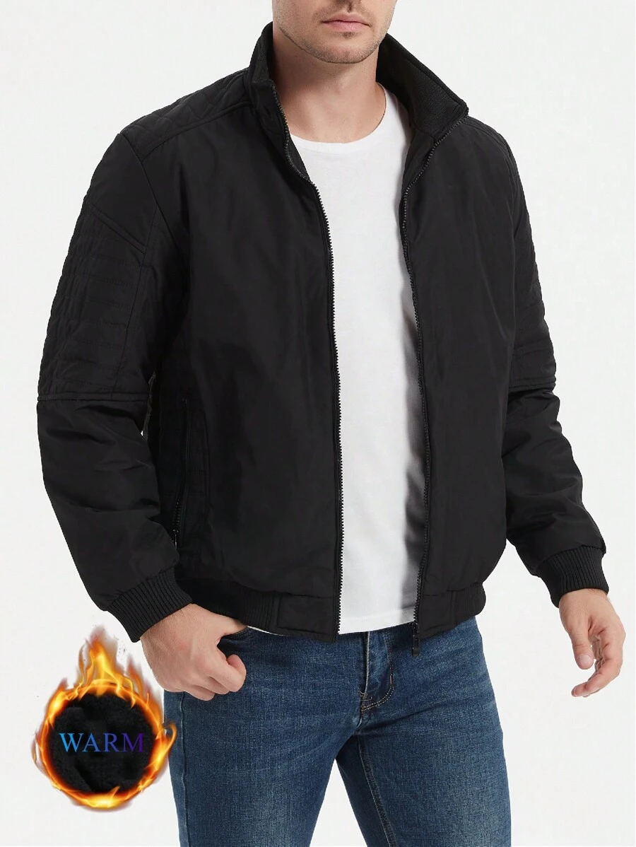 Manfinity Homme Abrigo acolchado casual de unicolor con cuello alto para hombres, abrigo de invierno cálido de peluche negro para el invierno