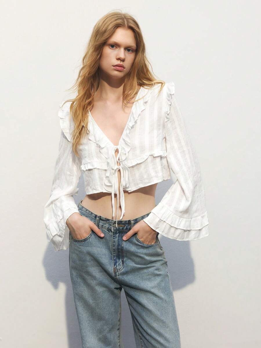 Maija Women's Solid Color Ruffle Tie-Front Bell Sleeve Crop Top, Flowing Blouse For Spring/Summer