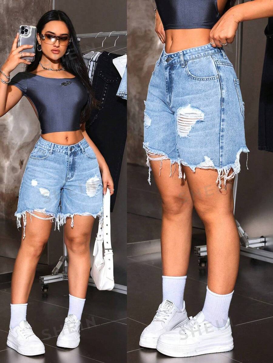 SHEIN ICON Pantalones cortos vaqueros informales desgastados de unicolor con bolsillos y bordes deshilachados, de verano