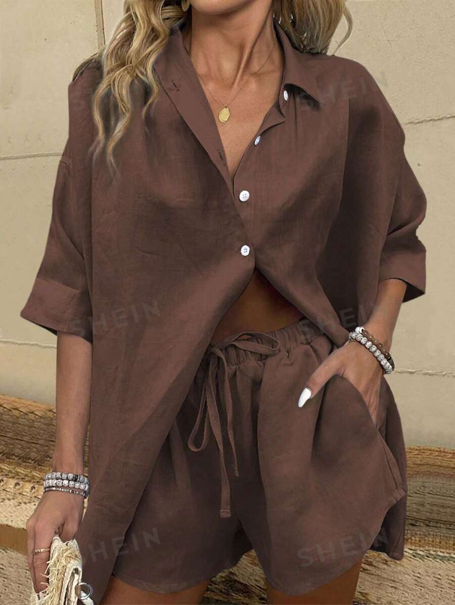 Breezaya 2 buc. Set cămașă și pantaloni scurți pentru femei, de culoare uni, minimaliste, de zi cu zi, cu șnur casual, cu mânecă scurtă cu nod, pantaloni scurți supradimensionați, cafea maro, cu umăr cădere, ținute din două piese pentru femei, primăvară/vară, ținute ocazionale de zi cu zi
