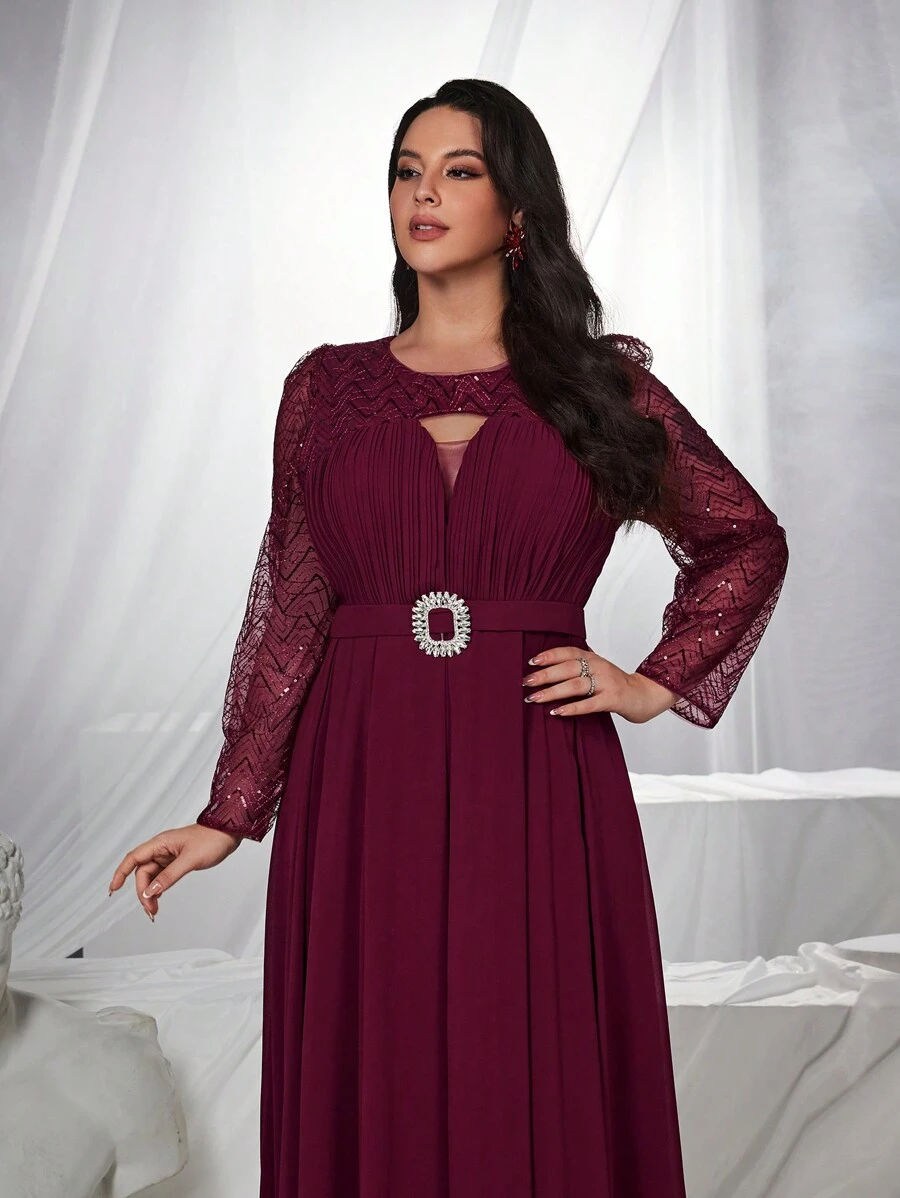 SHEIN Belle Burgundy Red Plus Size Burgundy Red Hollow Out Sequin Fabric Elegant Mother Of Bride Formal Dress