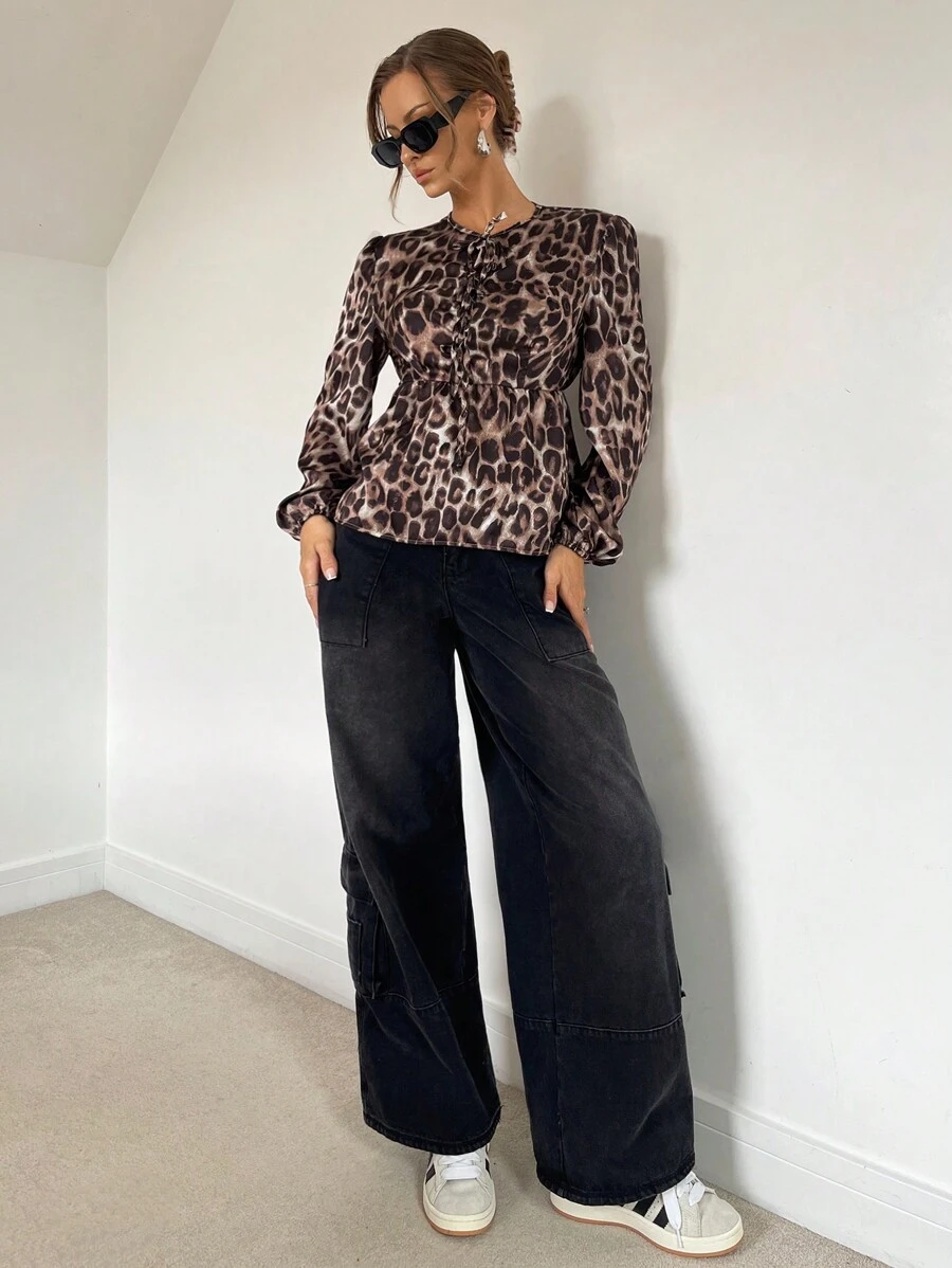 SHEIN Essnce Women's Leopard Print Satin Tie Collar Long Sleeve Shirt, Casual Vacation,Leopard Costume
