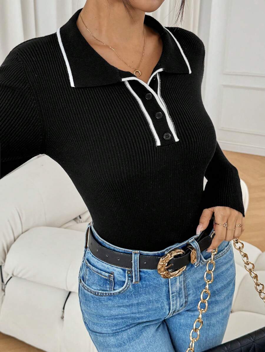 Chiquease Women's Color Block Trim Simple Daily Long Sleeve Collar Sweater