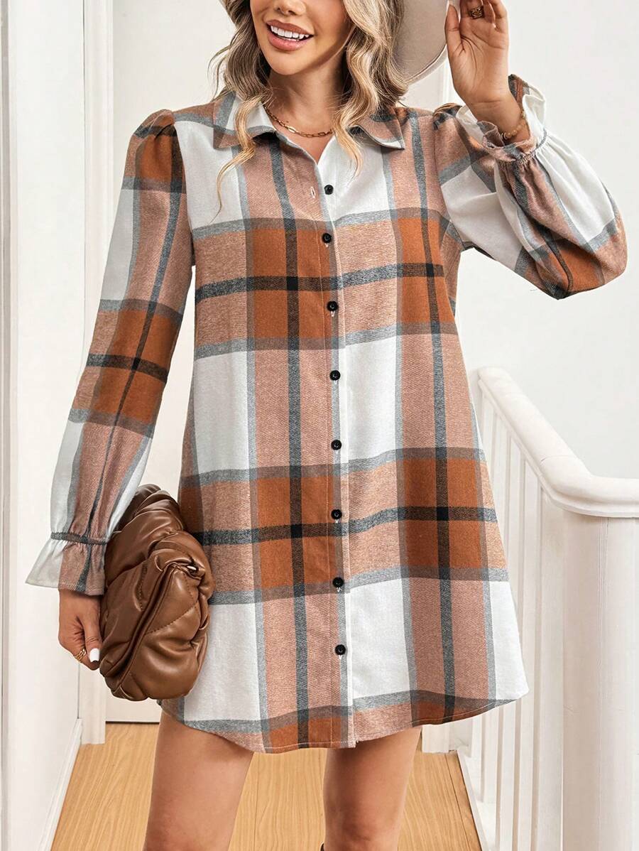 SHEIN LUNE Plus Size Women Kratka Rozkloszowana Rękaw Jednorzędowa Sukienka Koszulowa Na Jesień Strój Na Święto Dziękczynienia Kobiety Nowy Rok Strój Kobiety Zimowe Sukienki Zimowe Ubrania Kobiety Stroje Rave Stroje Wakacyjne Kobiety, Ubrania W Stylu Western Kobiety