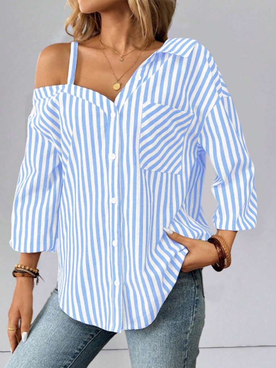 SHEIN Essnce Women's Casual Asymmetrical Shoulder Striped Blouse, Spring Summer