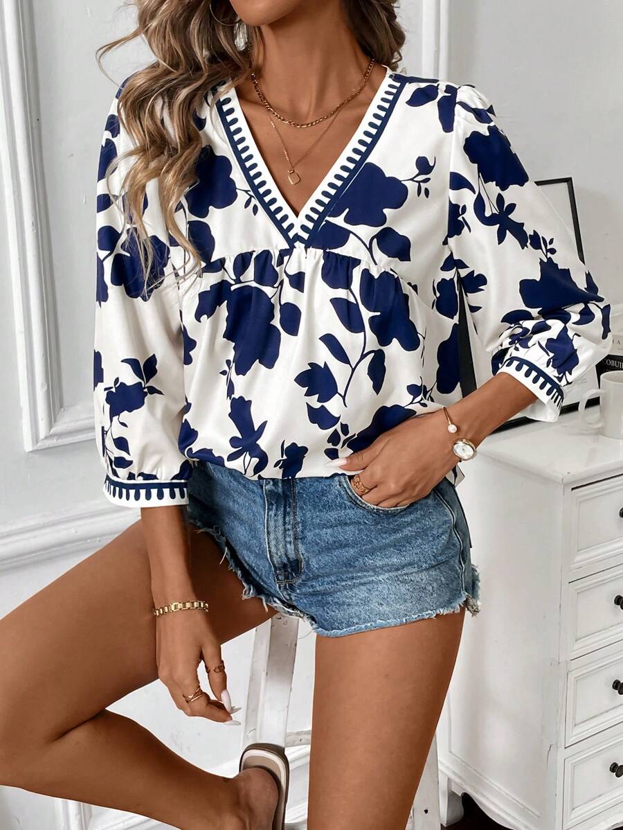 Calvaya Floral Print Women's V-Neck Pullover Mid-Length Casual Shirt