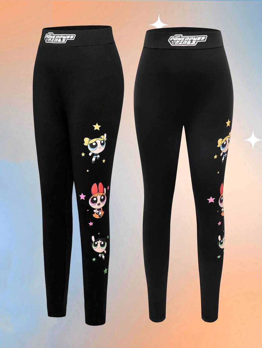 THE POWERPUFF GIRLS X SHEIN Summer Black Cartoon Pattern Basic Cute Casual Style Leggings
