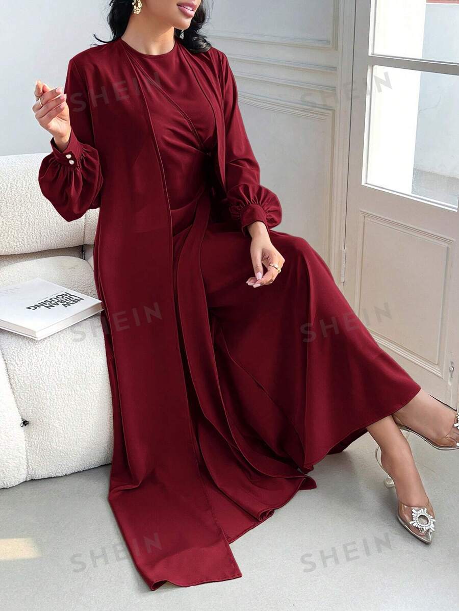 Modelyn Conjunto de 2 piezas de vestido elegante y chaqueta elegante de manga larga en color rojo borgoña para mujer