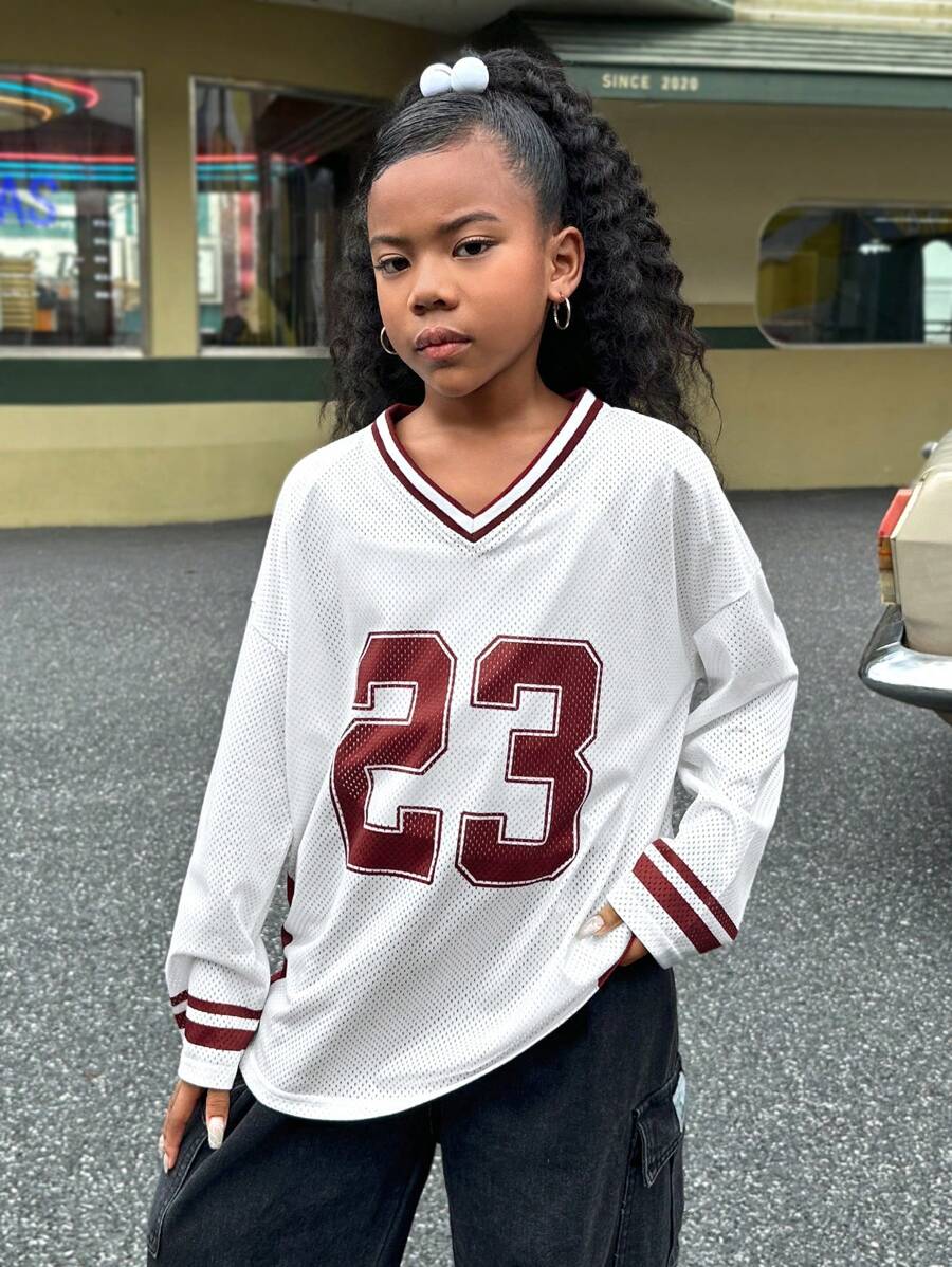 SHEIN Tween Girls Retro Collegiate Casual V-Neck Short Sleeve Blouse
